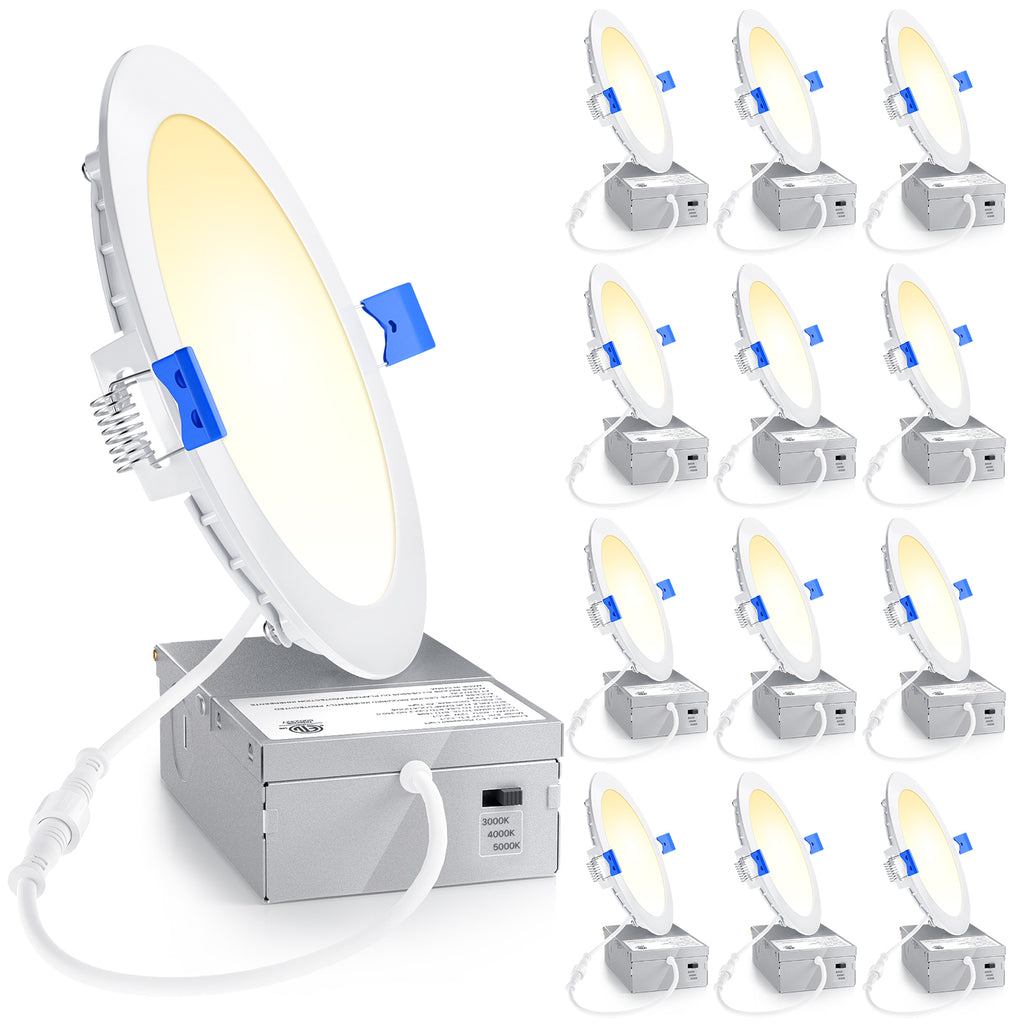 Ensenior 4 Inch LED Recessed Light, 3CCT Dimmable Canless Wafer, 3000K 4000K 5000K Selectable, 5%-100% Dimmable, 750LM 9W 120V, IC & Damp Rated, ETL & FCC & UL Certified, 50000h Life Span