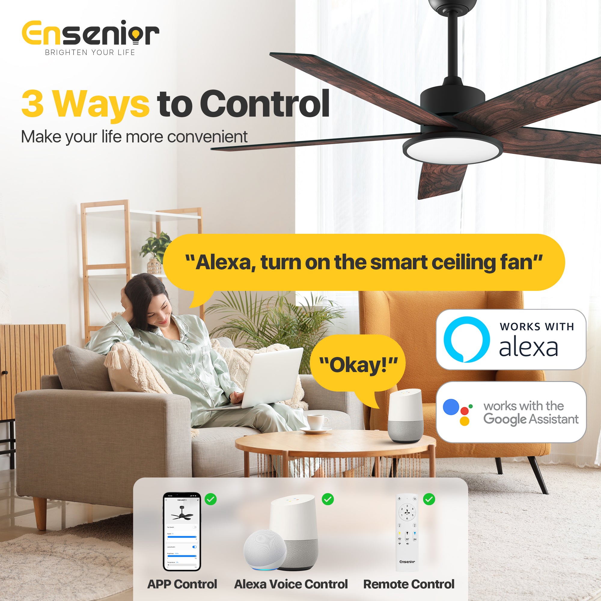 Ensenior Smart 52" Ceiling Fan with Light