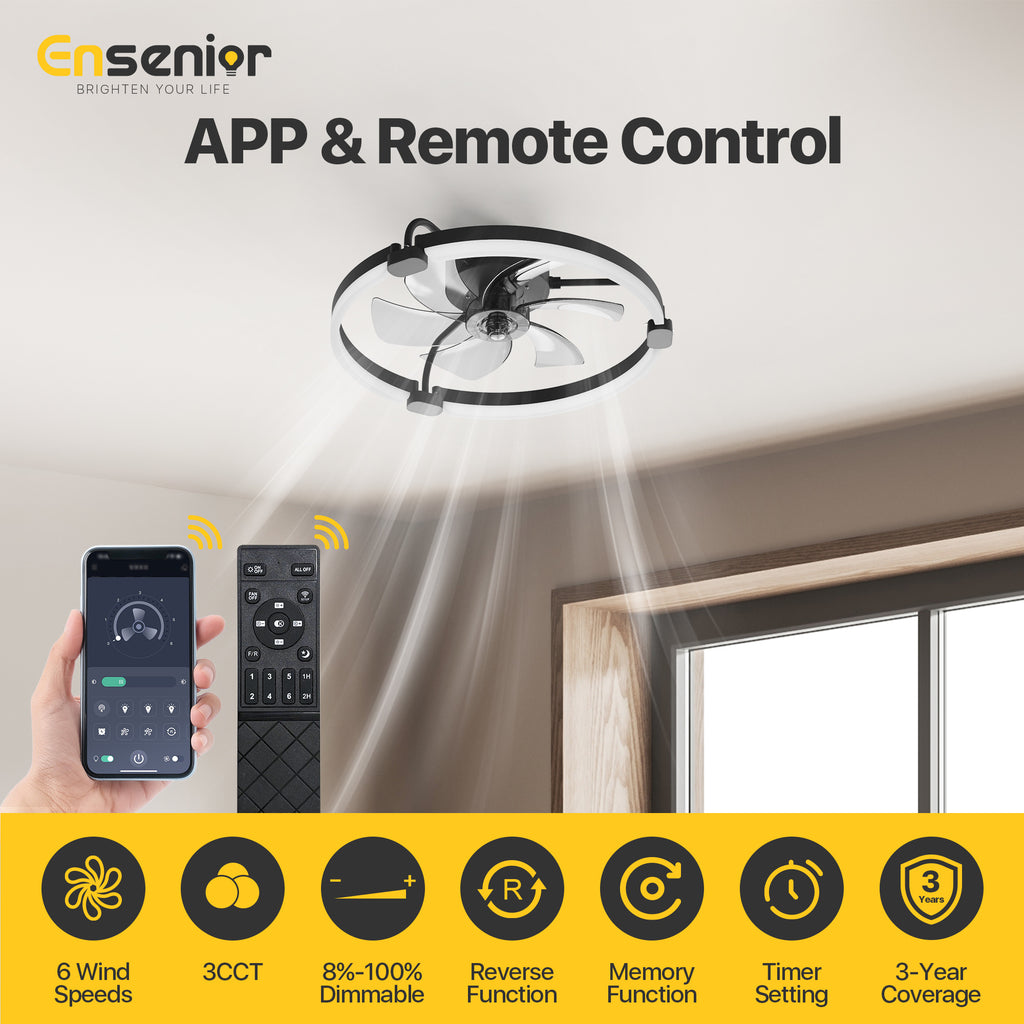 Ensenior 20'' Low Profile Ceiling Fans with Lights and Remote