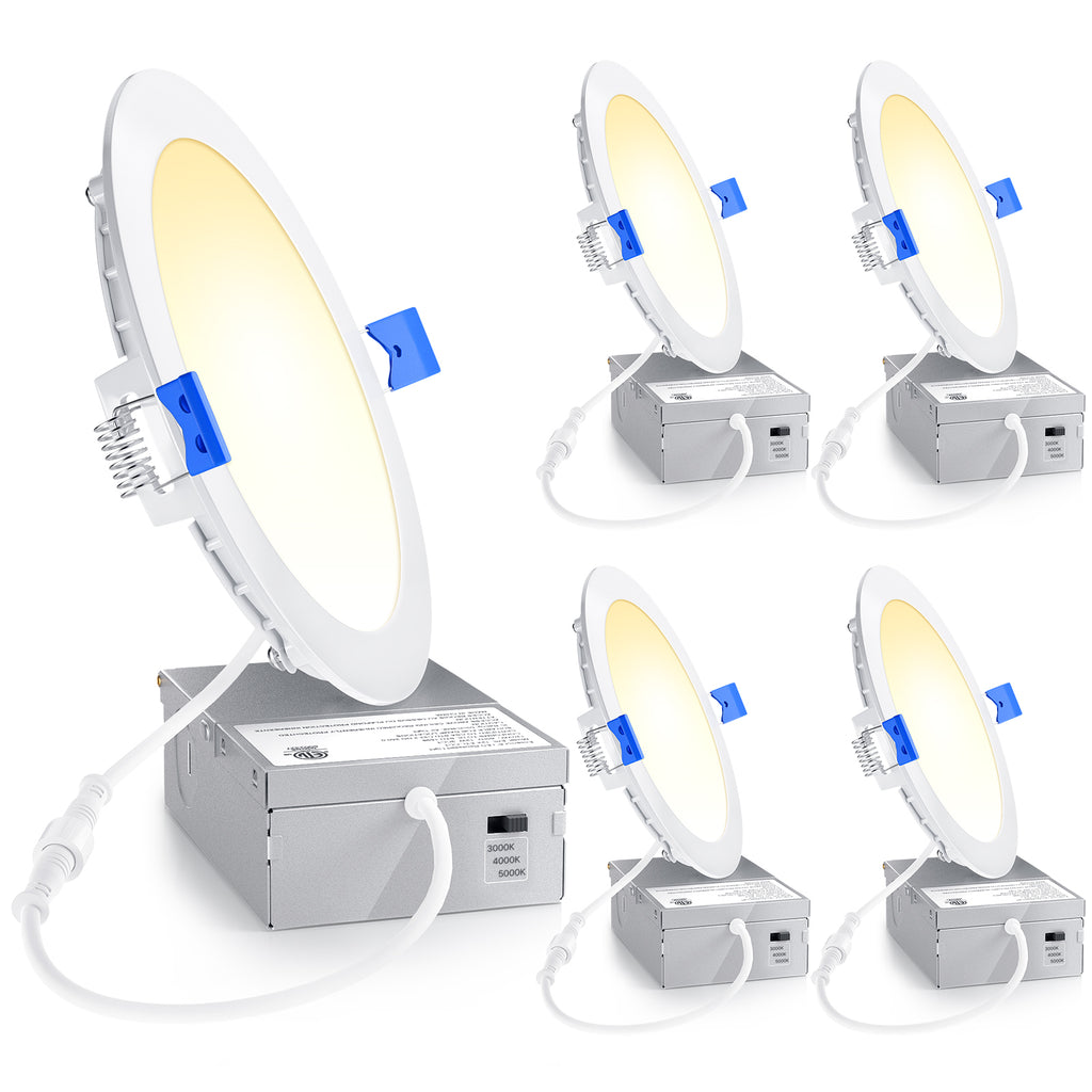 Ensenior 4 Inch LED Recessed Light, 3CCT Dimmable Canless Wafer, 3000K 4000K 5000K Selectable, 5%-100% Dimmable, 750LM 9W 120V, IC & Damp Rated, ETL & FCC & UL Certified, 50000h Life Span