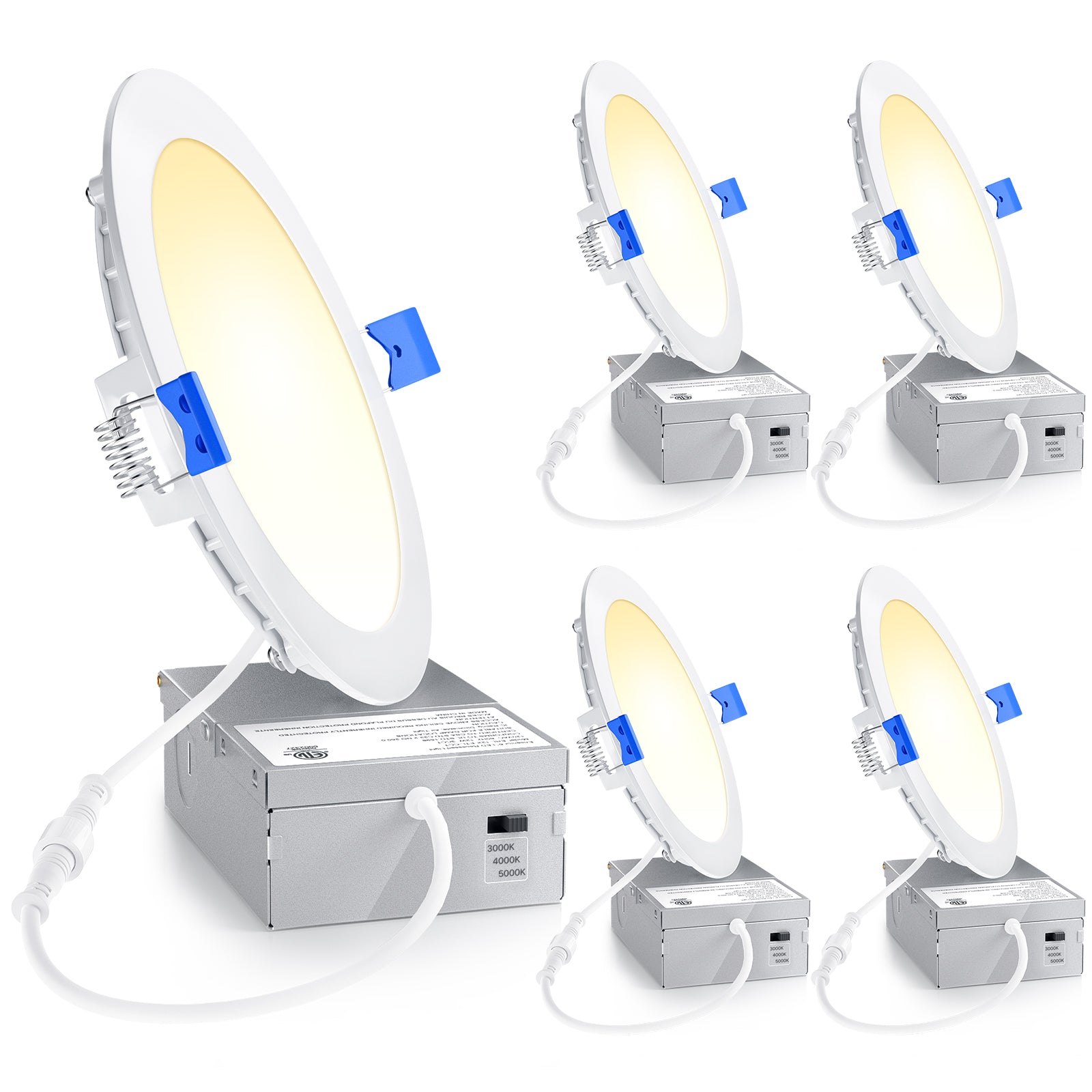 Ensenior 4 Inch LED Recessed Light, 3CCT Dimmable Canless Wafer, 3000K 4000K 5000K Selectable, 5%-100% Dimmable, 750LM 9W 120V, IC & Damp Rated, ETL & FCC & UL Certified, 50000h Life Span