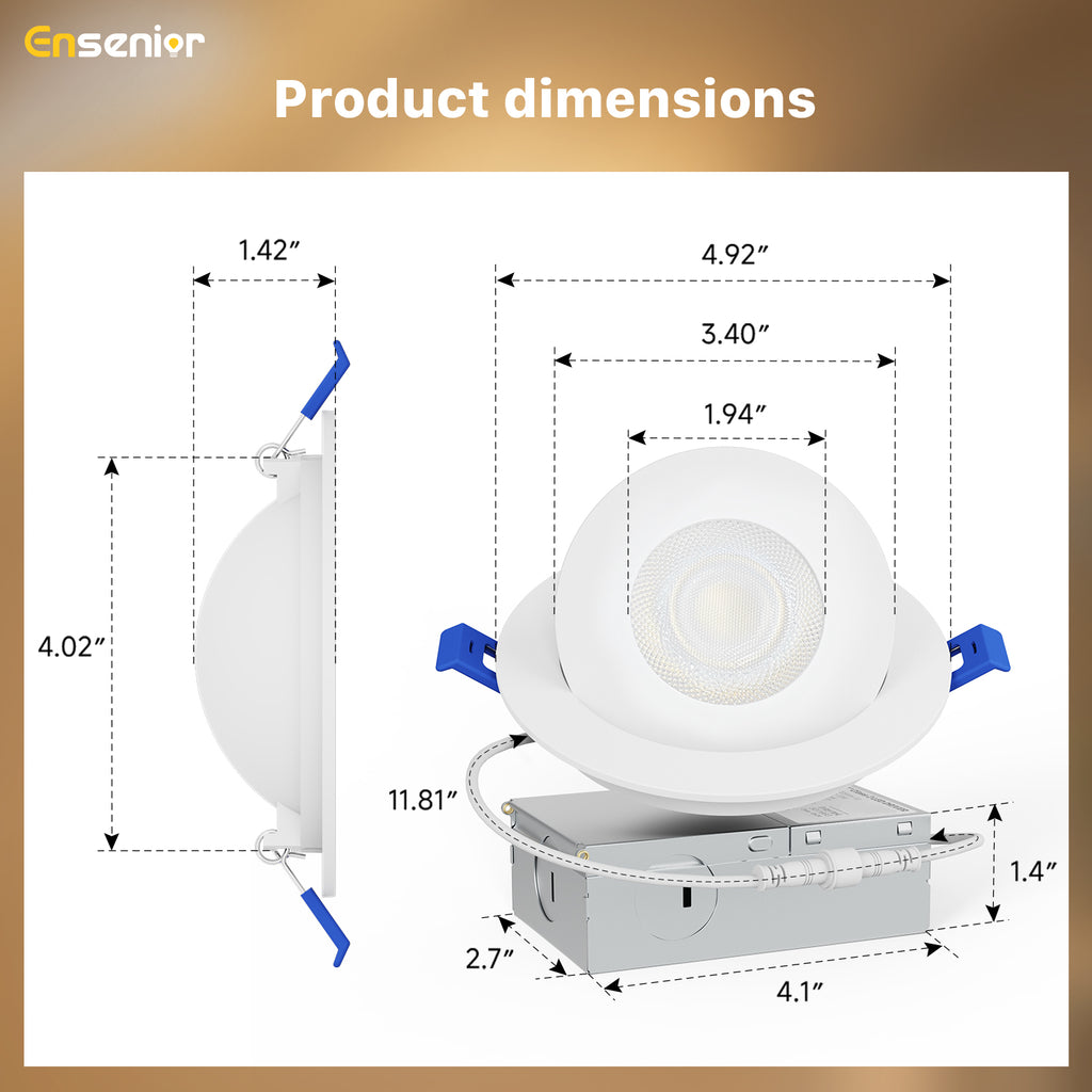 Ensenior 4 Inch Gimbal LED Recessed Light, 5CCT, 9W, 900LM