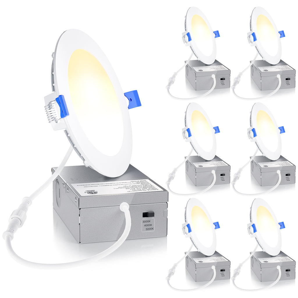 Ensenior 4 Inch LED Recessed Light, 3CCT Dimmable Canless Wafer, 3000K 4000K 5000K Selectable, 5%-100% Dimmable, 750LM 9W 120V, IC & Damp Rated, ETL & FCC & UL Certified, 50000h Life Span