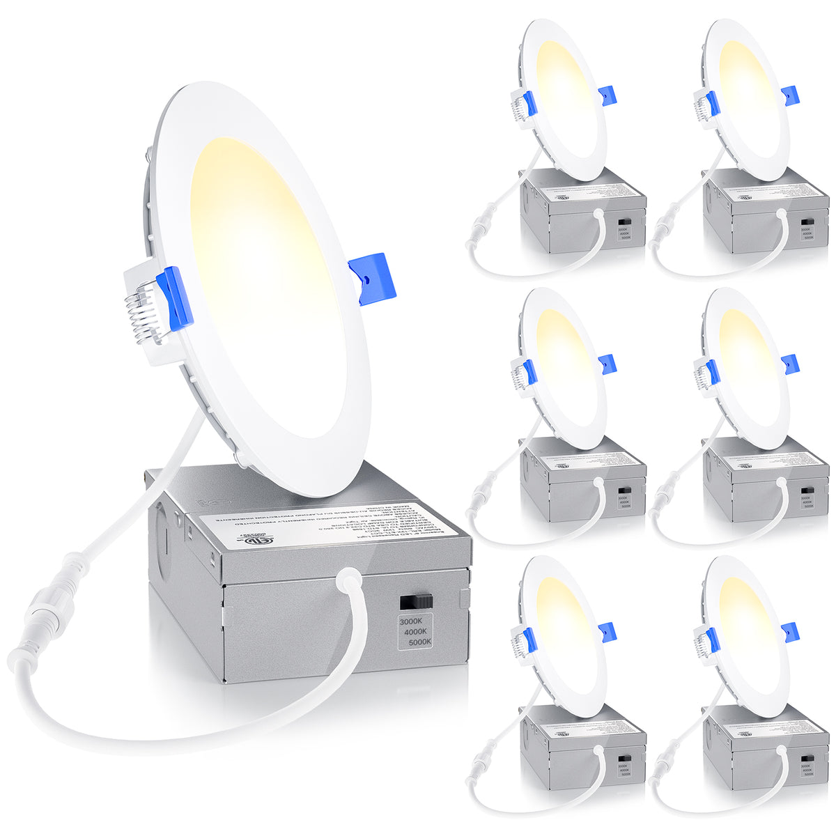 Ensenior 4 Inch LED Recessed Light, 3CCT Dimmable Canless Wafer, 3000K 4000K 5000K Selectable, 5%-100% Dimmable, 750LM 9W 120V, IC & Damp Rated, ETL & FCC & UL Certified, 50000h Life Span