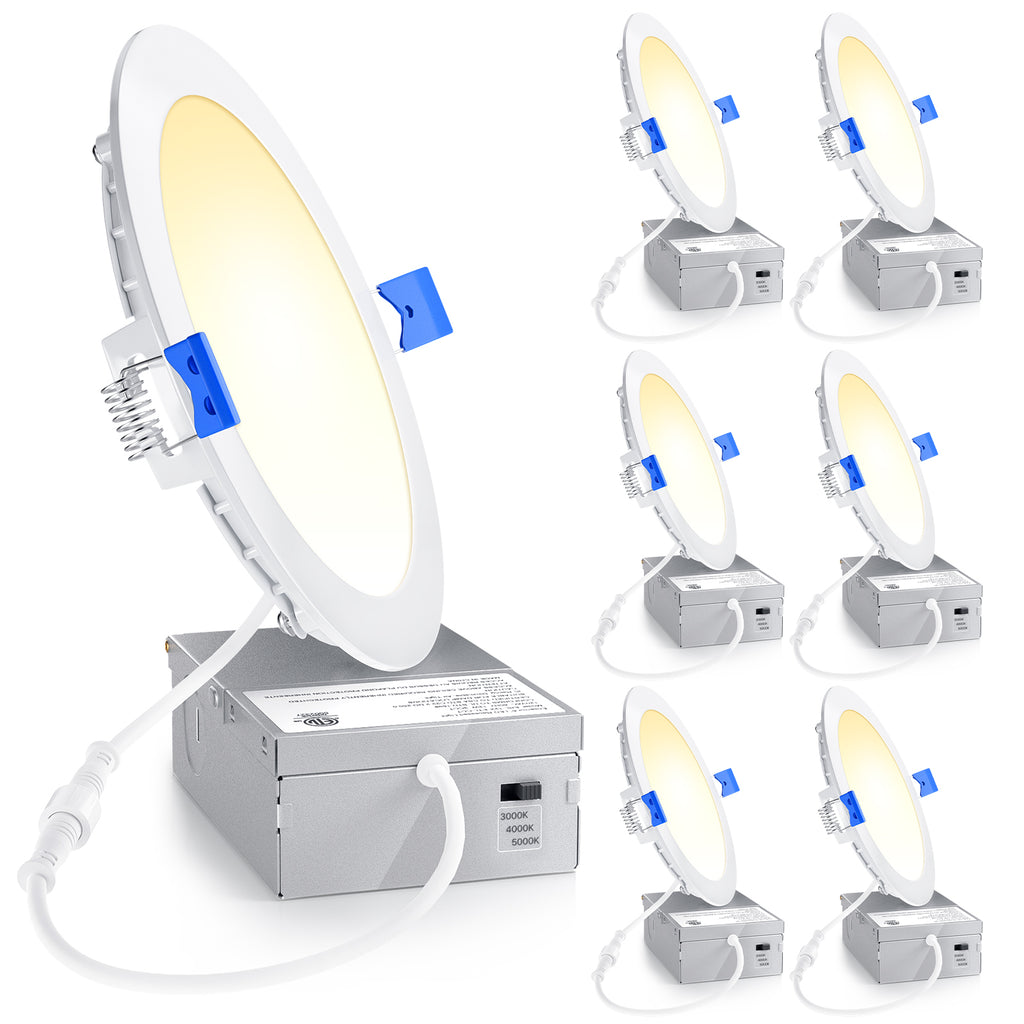 Ensenior 4 Inch LED Recessed Light, 3CCT Dimmable Canless Wafer, 3000K 4000K 5000K Selectable, 5%-100% Dimmable, 750LM 9W 120V, IC & Damp Rated, ETL & FCC & UL Certified, 50000h Life Span