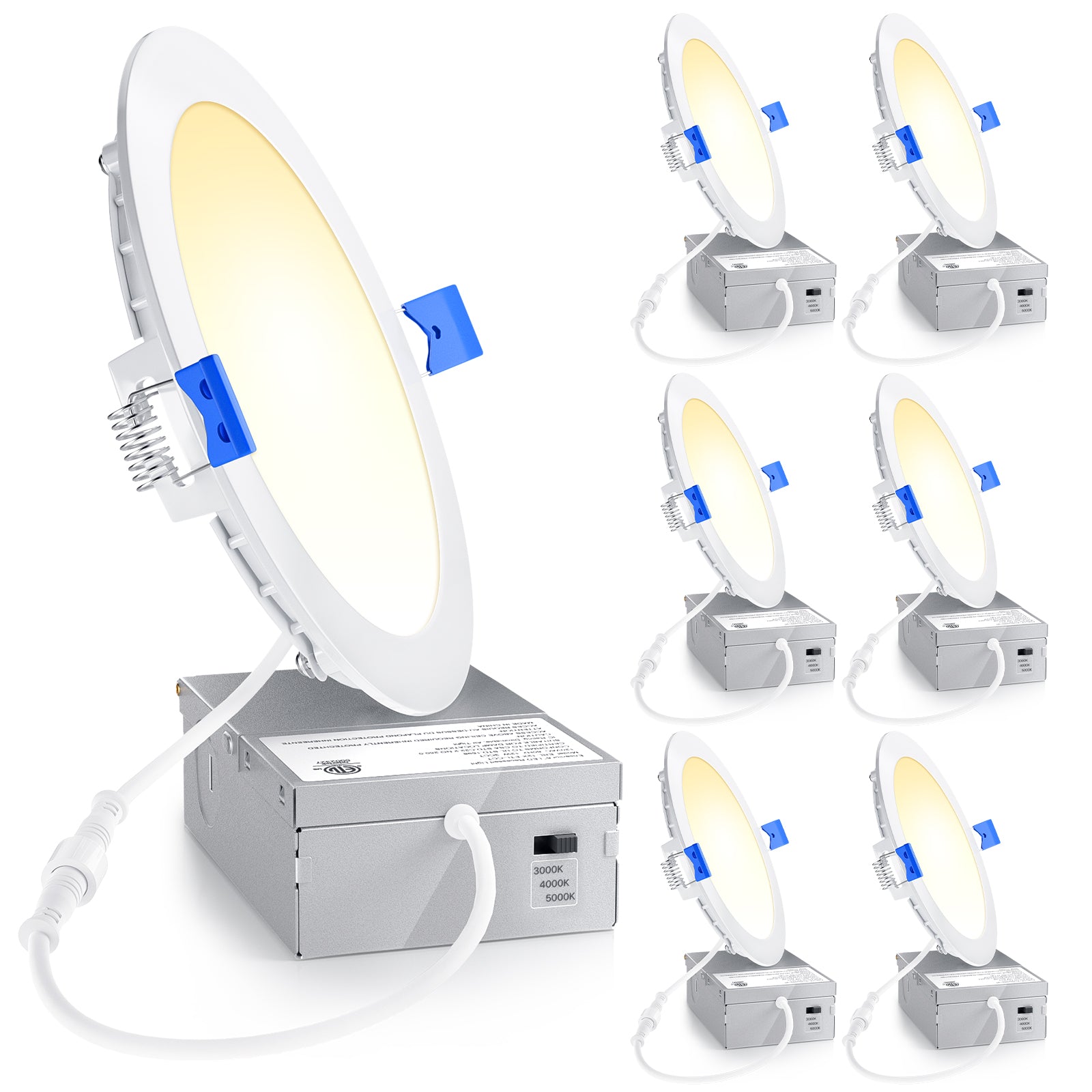 Ensenior 4 Inch LED Recessed Light, 3CCT Dimmable Canless Wafer, 3000K 4000K 5000K Selectable, 5%-100% Dimmable, 750LM 9W 120V, IC & Damp Rated, ETL & FCC & UL Certified, 50000h Life Span